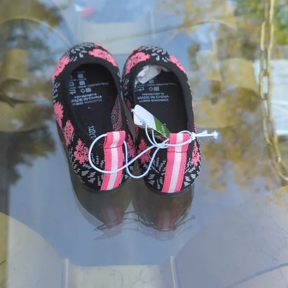 Kids Girls Ballet Shoes Flats Sz 7/8 Lily And Dan Black Pink Floral - Picture 3 of 5
